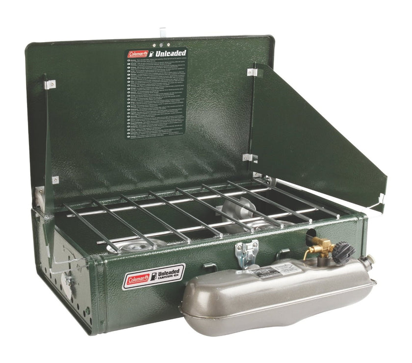 Coleman two-burner gasoline stove type 424 in a case