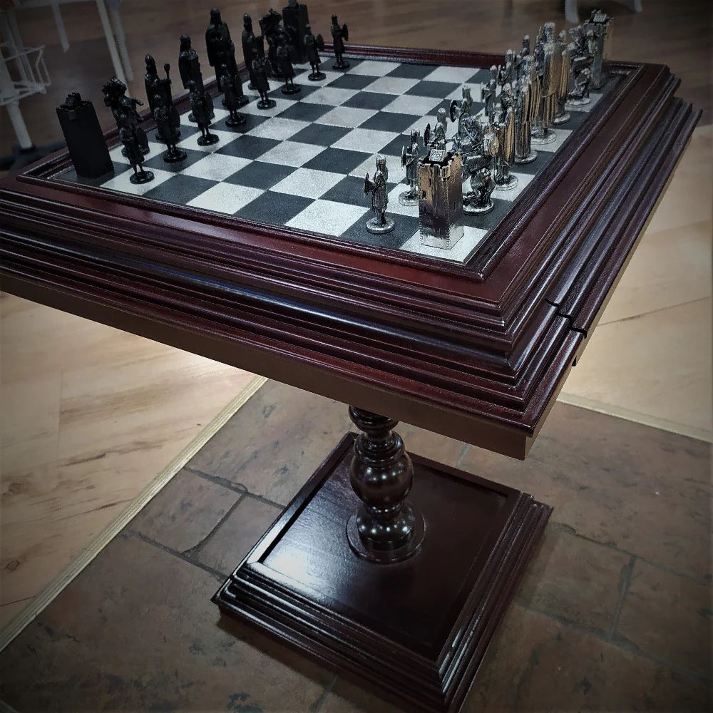 Mullingar Pewter Chess set of choice on Handcrafted Mahogany Chess Table
