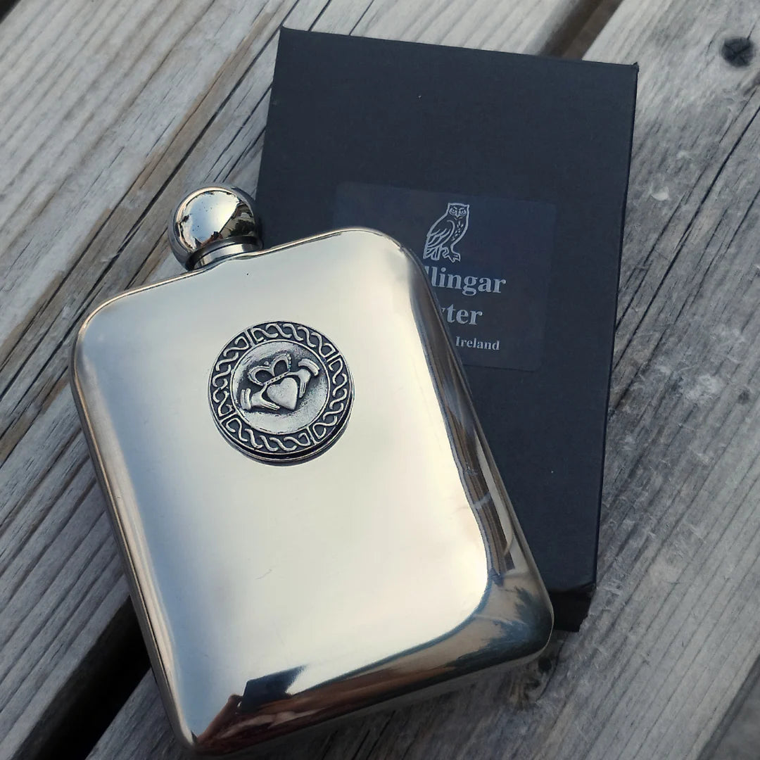 Mullingar Pewter Drinks Flask with Irish Embellishment