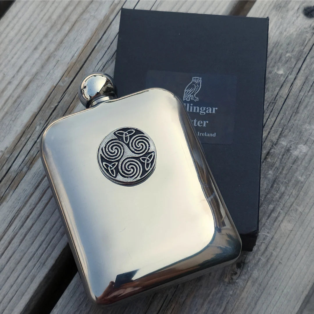 Mullingar Pewter Drinks Flask with Irish Embellishment