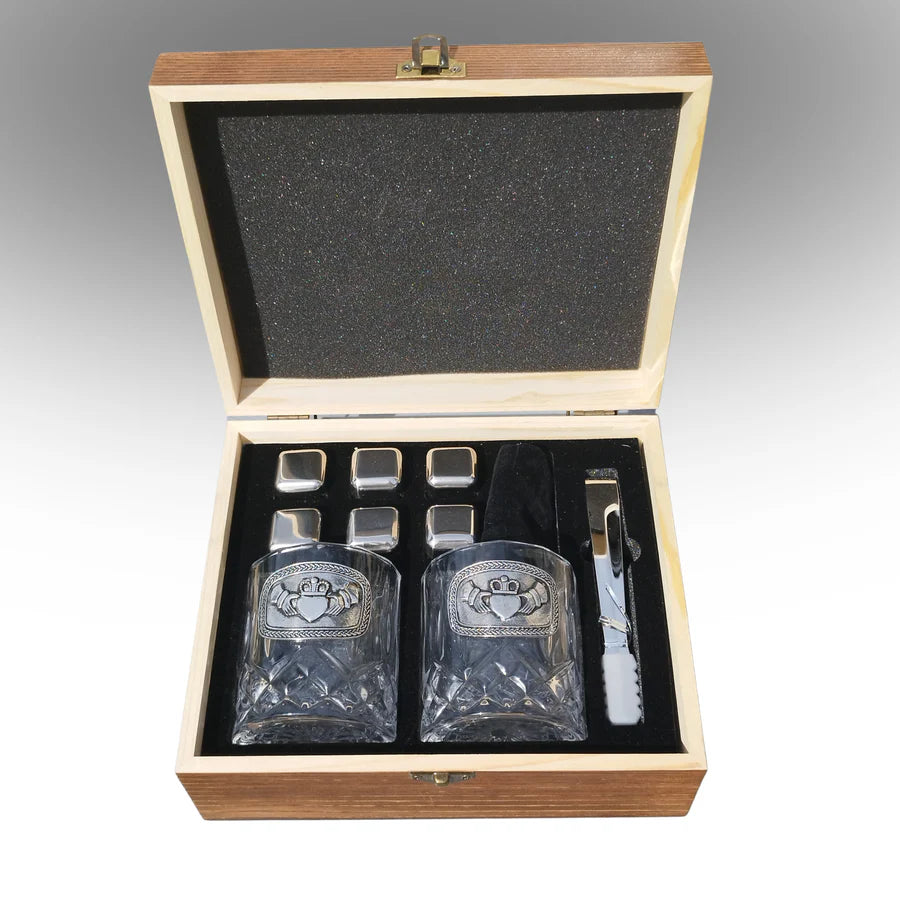 Mullingar Pewter Cut Whiskey Crystal Glass Gift Presentation set.