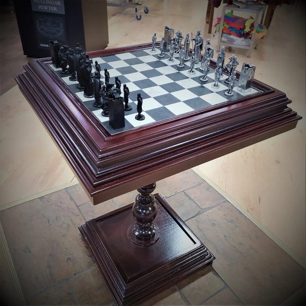 Mullingar Pewter Chess set of choice on Handcrafted Mahogany Chess Table