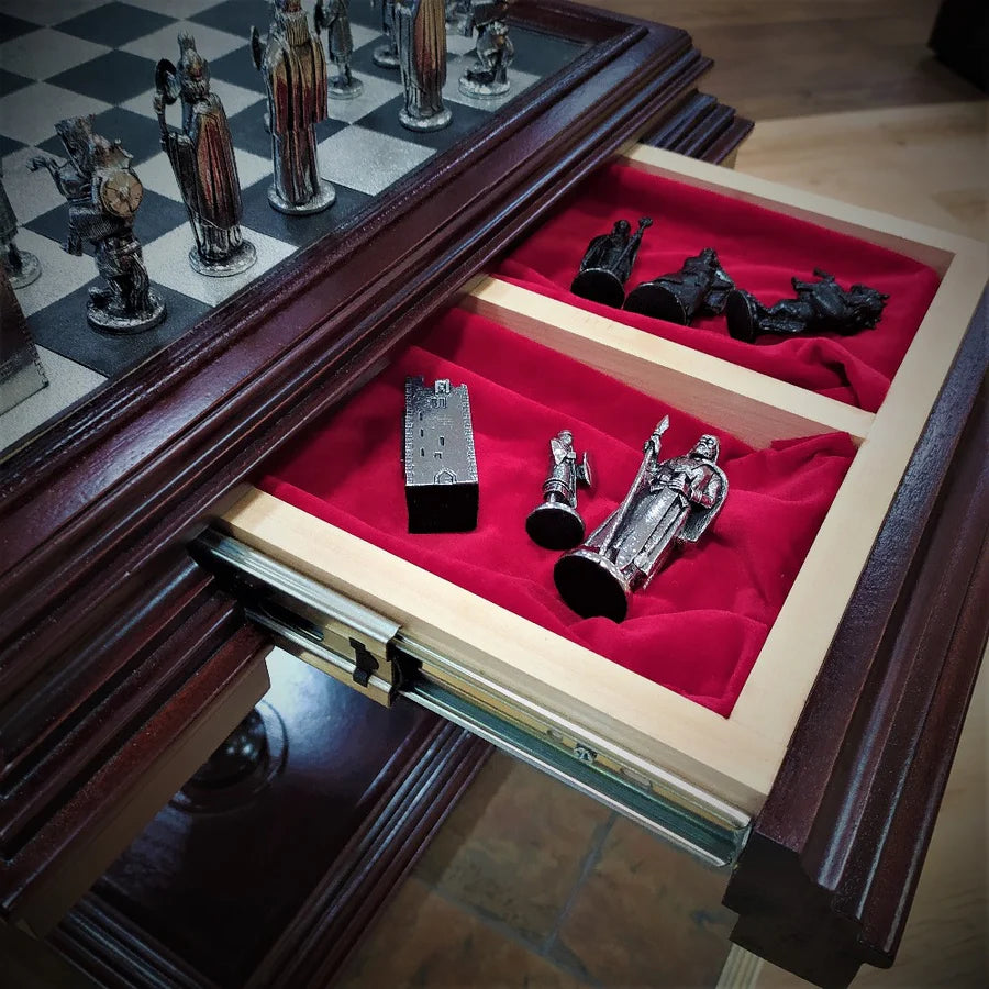 Mullingar Pewter Chess set of choice on Handcrafted Mahogany Chess Table